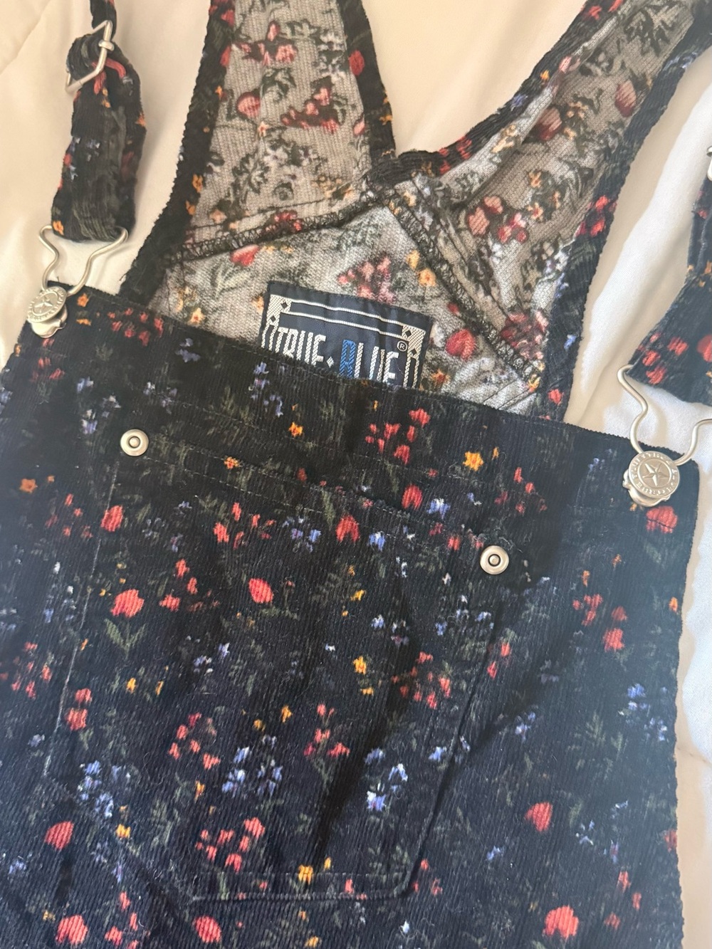 Vintage Black Floral Corduroy Overall Dress